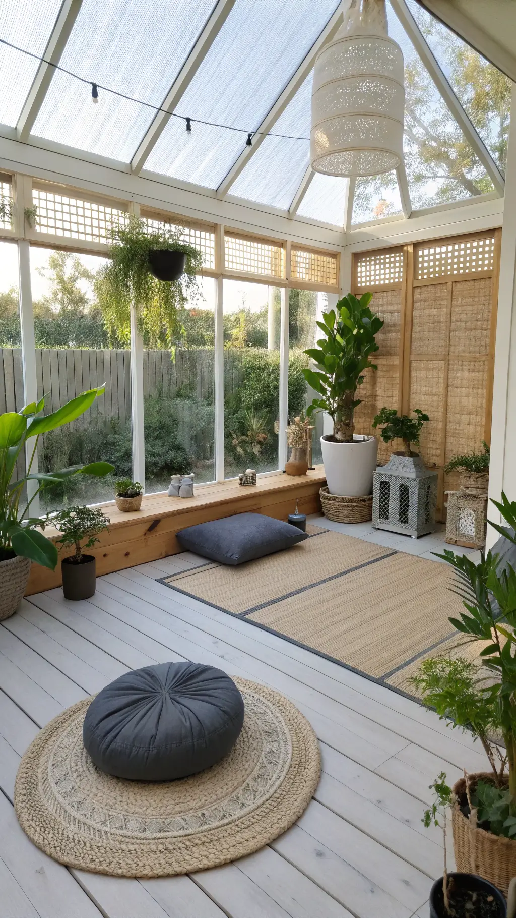 Bright morning meditation space in a glass conservatory with bamboo blinds, a zafu cushion on a tatami mat, a meditation bench, hanging planters, and a tabletop fountain