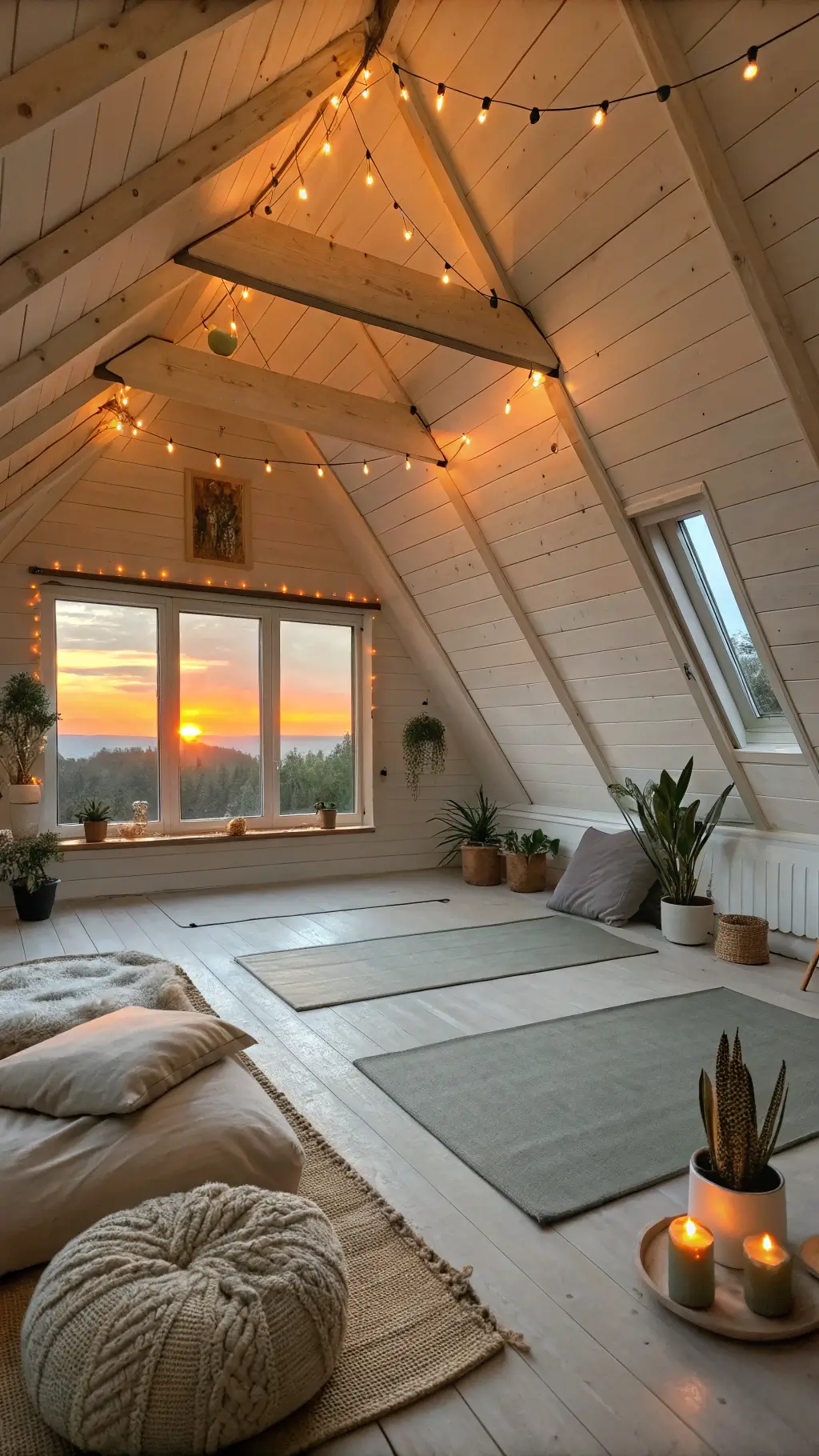 Cozy attic meditation retreat with exposed wooden beams, a gray meditation mat, linen floor cushions, fairy lights, succulents on the window sill, and vintage Moroccan pouf under warm orange sunset light.