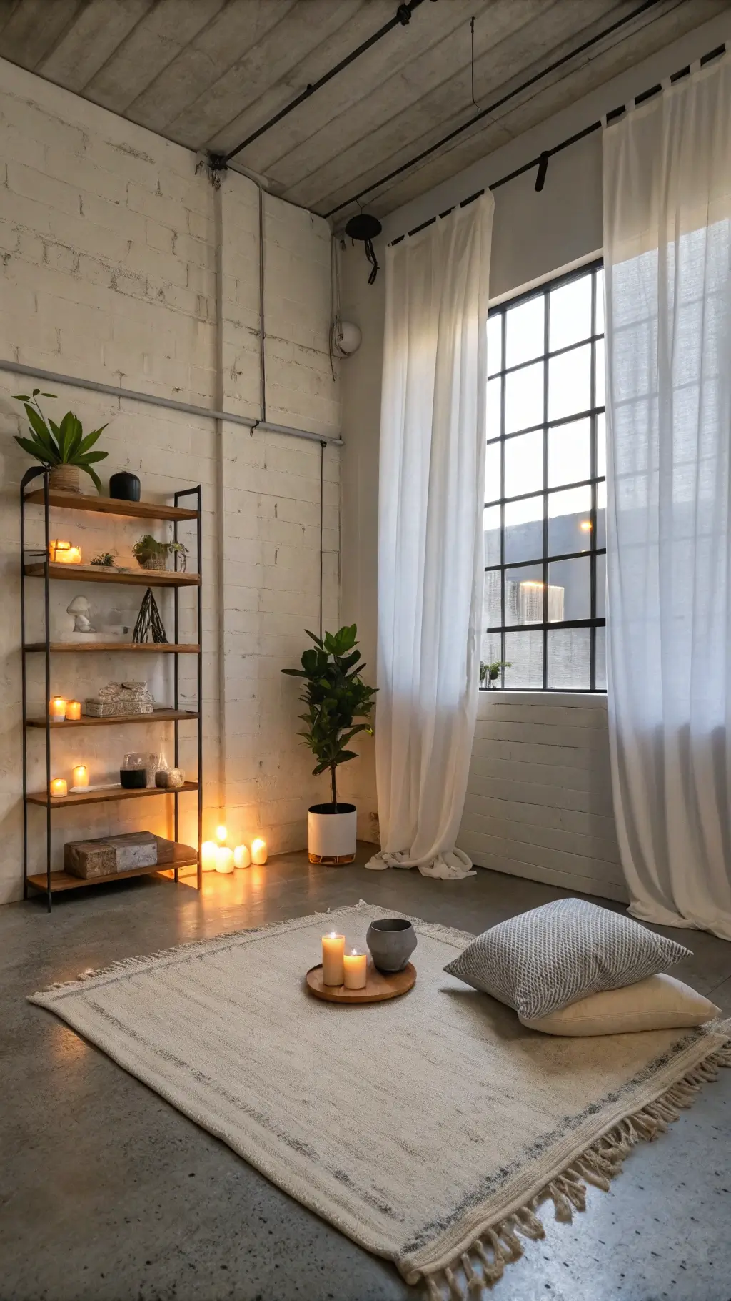 Modern loft's meditation corner featuring blue hour light coming through pale grey curtains, minimalist shelves with crystals, a jade plant and candles, and floor setup with a wool rug and floor cushions against a soft white industrial concrete wall.