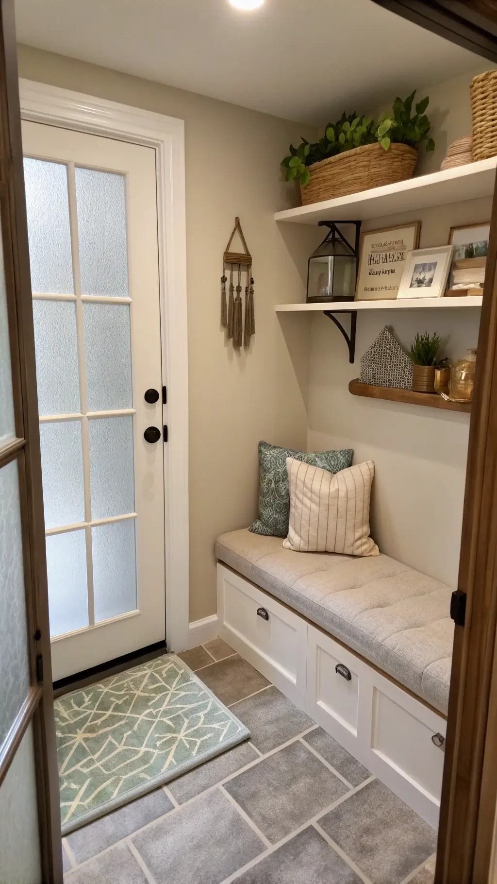 Compact meditation space in a converted closet with warm greige walls, soft lighting, custom linen bench, silk meditation cushion, minimal shelf decor, and cork flooring partially covered by a jute rug