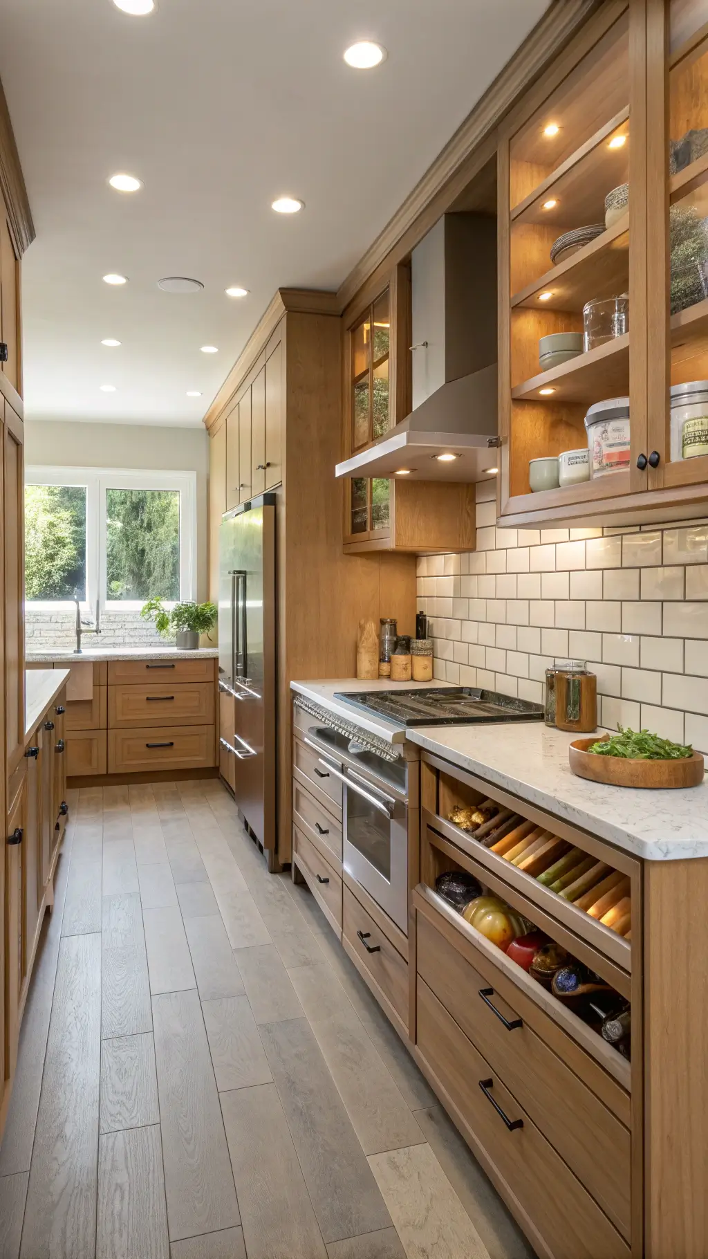 2441compact galley kitchen storage morning light