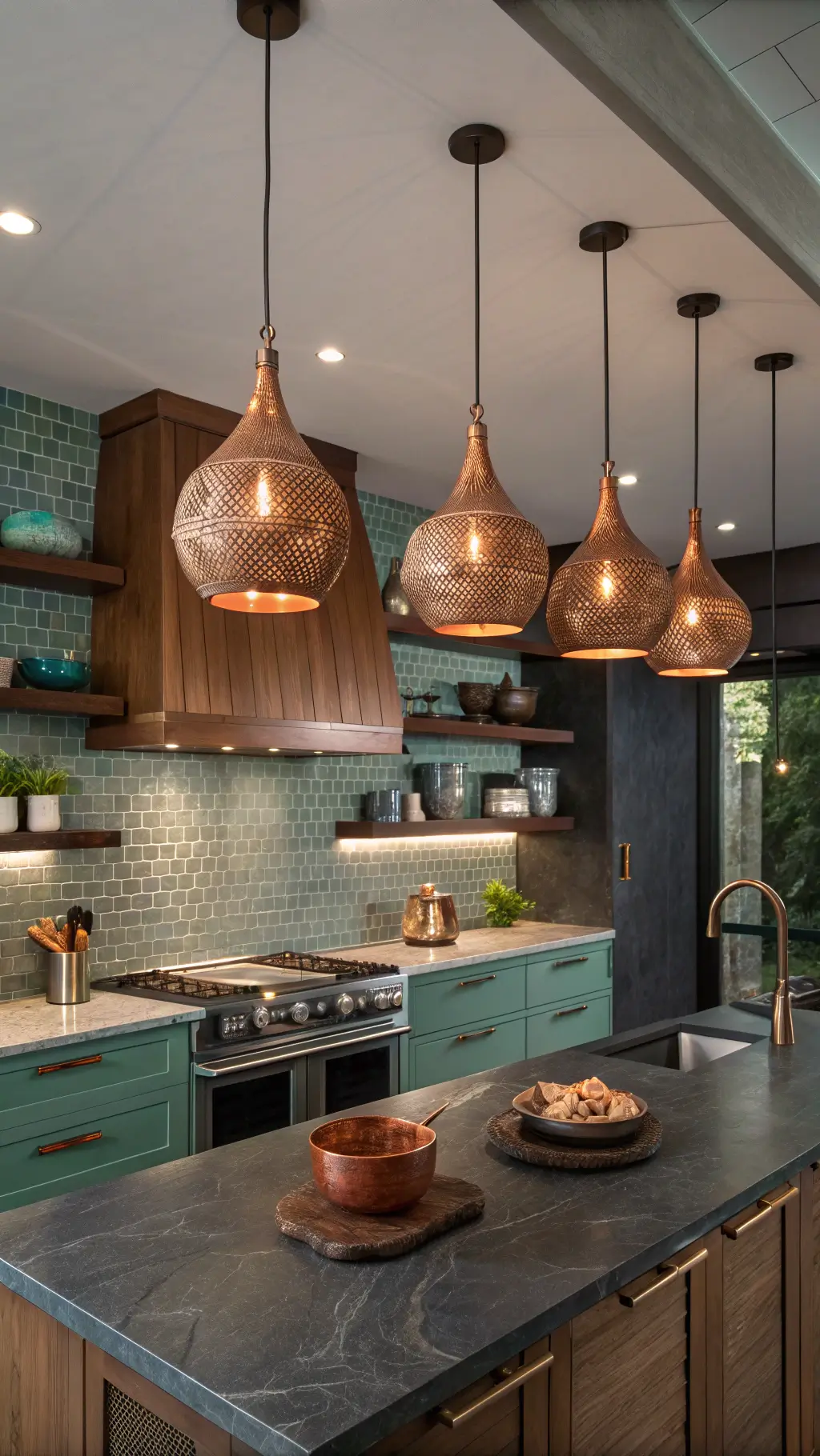 2442modern kitchen copper pendants blue hour