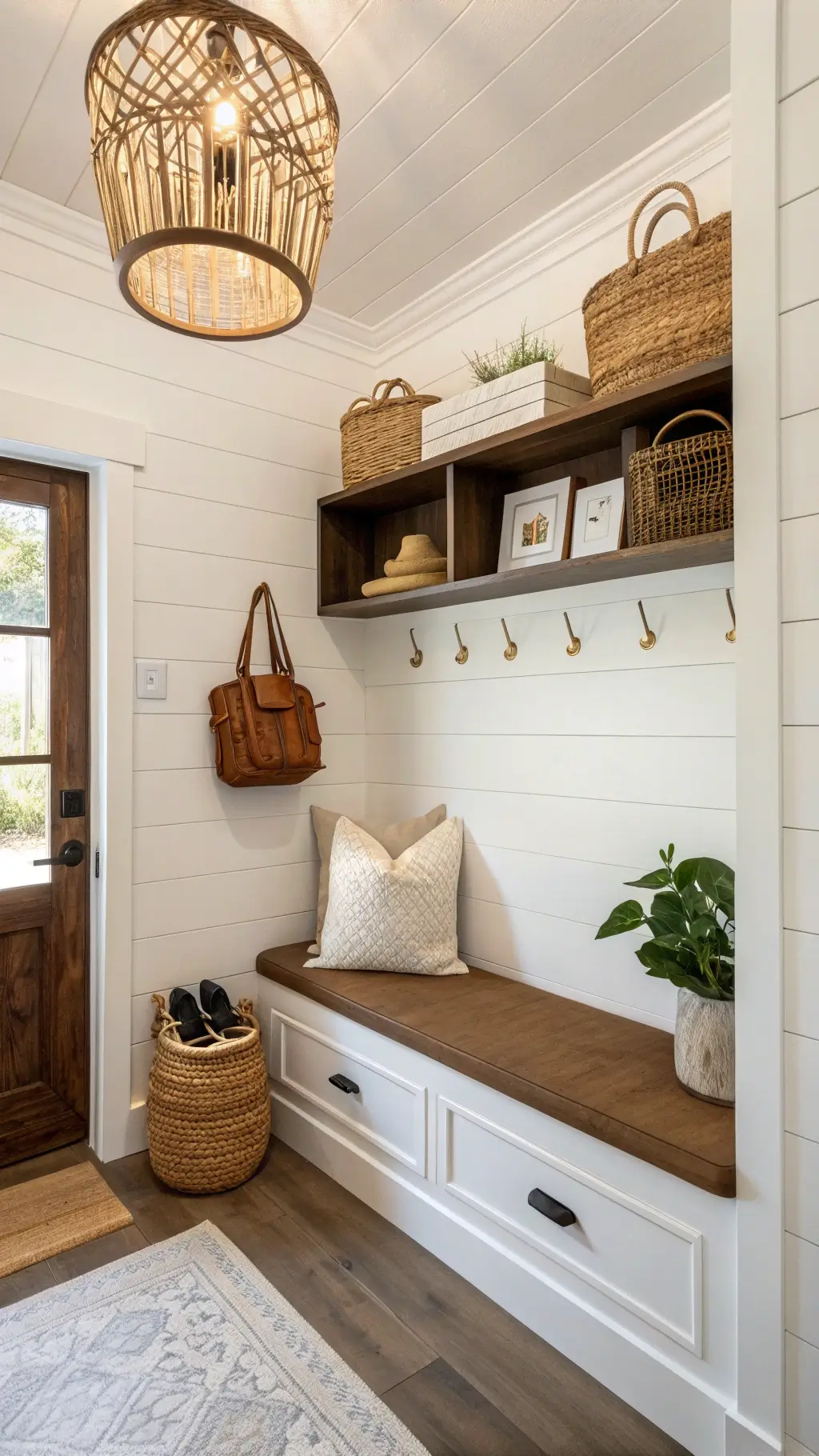2446intimate dusk entryway nook walnut bench shiplap