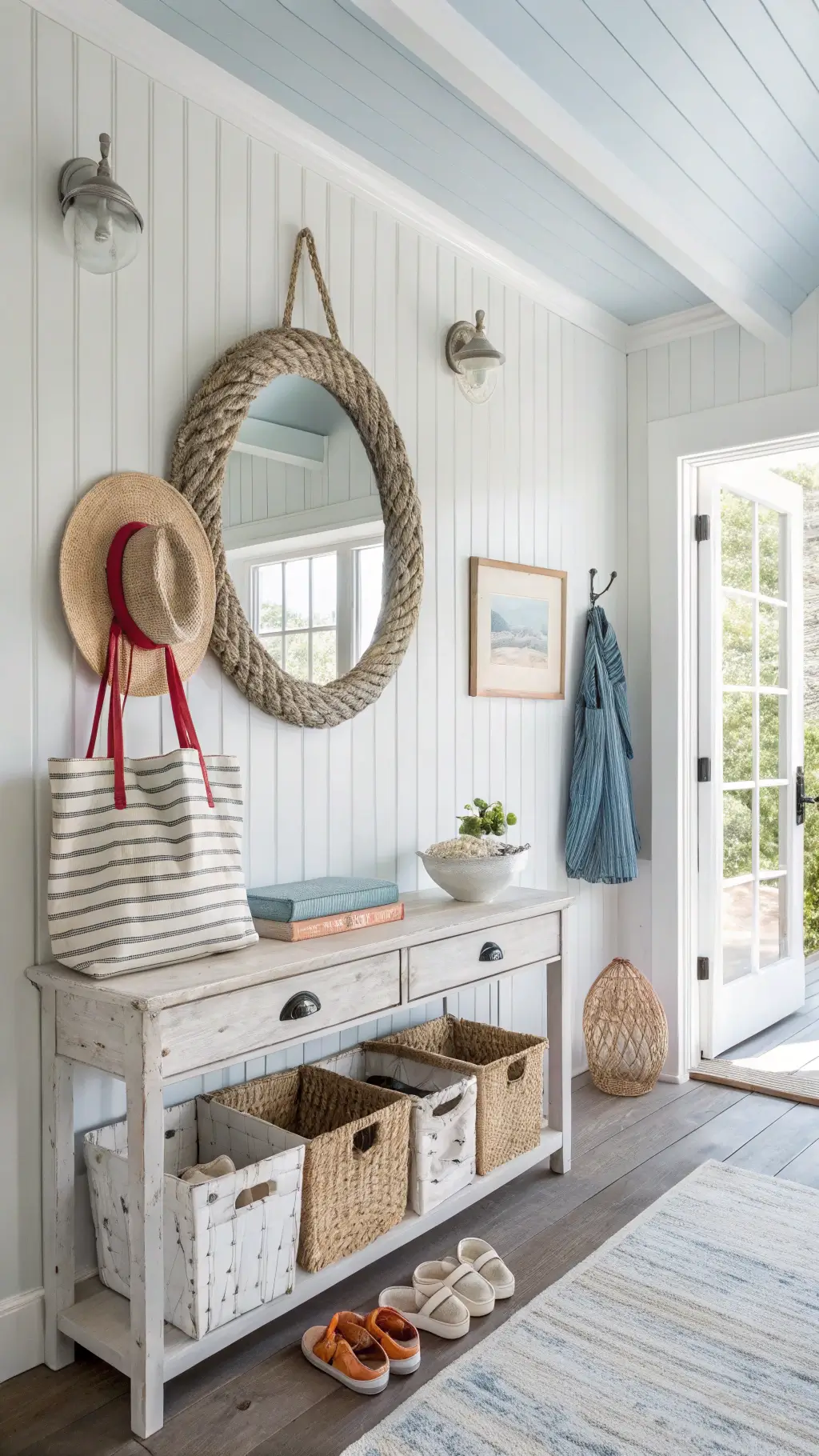 2450coastal entryway beadboard driftwood console
