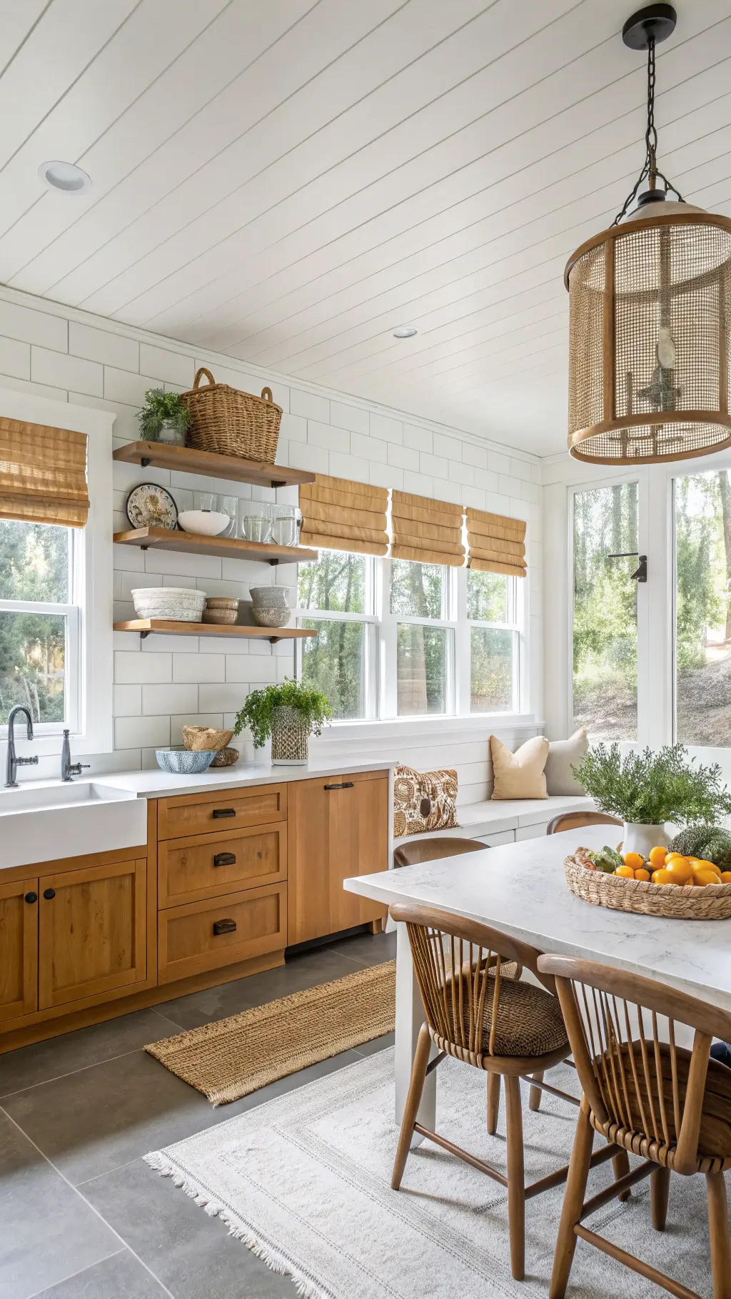 Bright, organic kitchen with warm white shiplap walls, honey oak cabinets, concrete countertops, vintage farm table serving as kitchen island, and corner banquette seating with natural oatmeal cushions. Features include open shelving with earthenware and baskets, bamboo roman shades, Turkish kilim runners, hanging planters with herbs, and sunflowers on the windowsill.