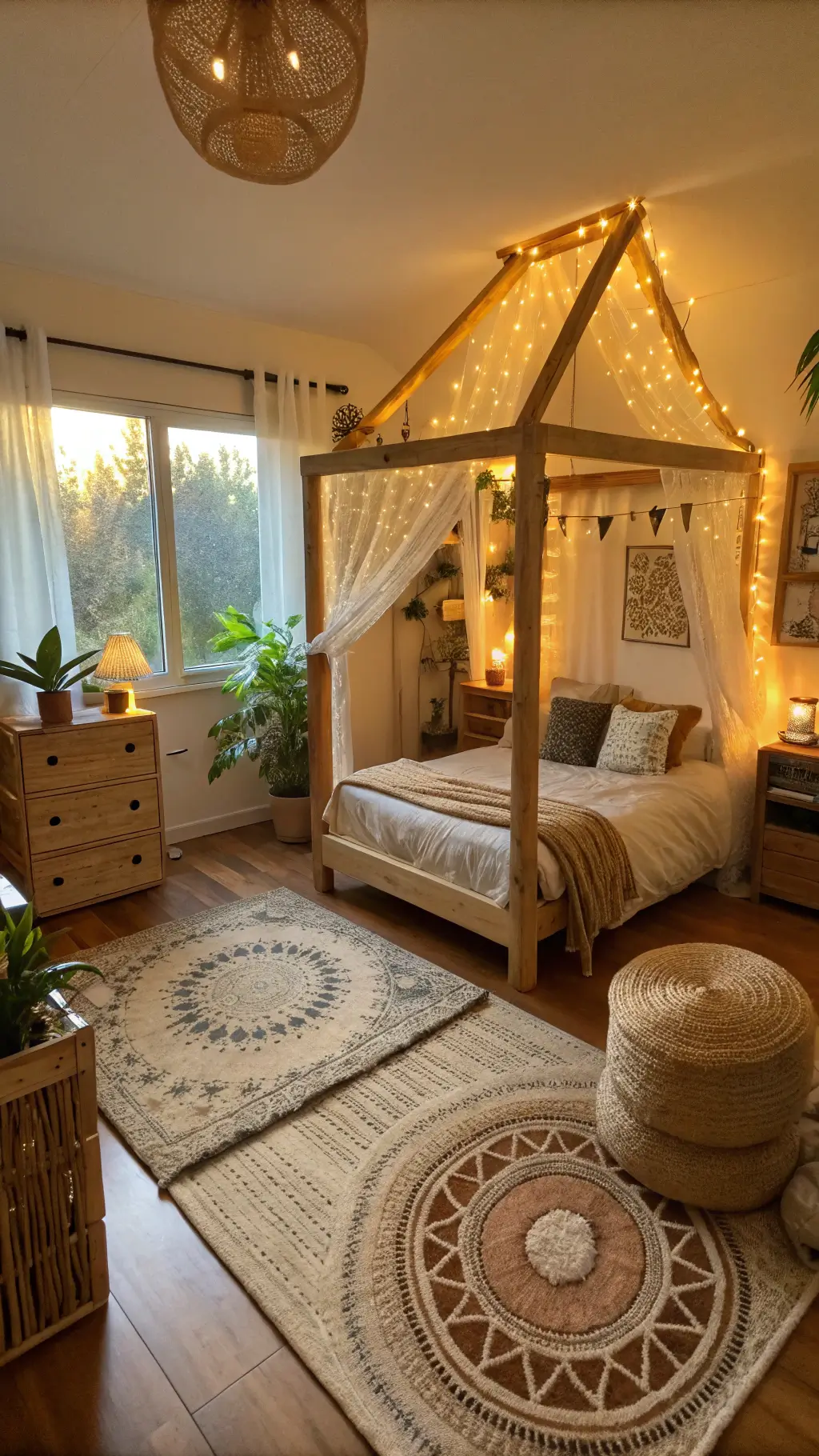 Boho styled bedroom with house-shaped wooden bed frame, layered rugs, climbing wall, low-profile furniture, and indoor plants, illuminated by natural window light and warm pendant fixtures.