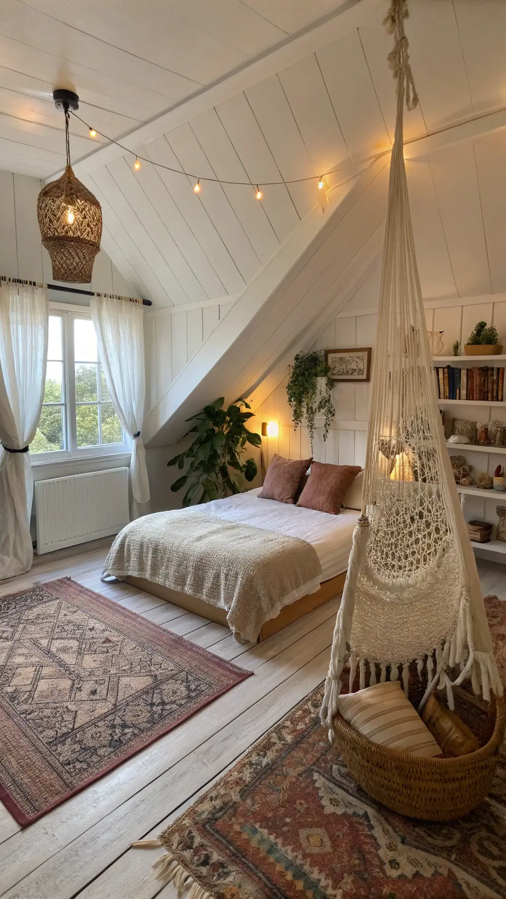 Boho-style attic bedroom with white slanted ceilings, a rattan platform bed framed by sheer curtains, vintage rugs, macramé hammock chair, woven basket shelving, and trailing pothos plant, illuminated by golden hour sunlight and Edison bulb string lights.