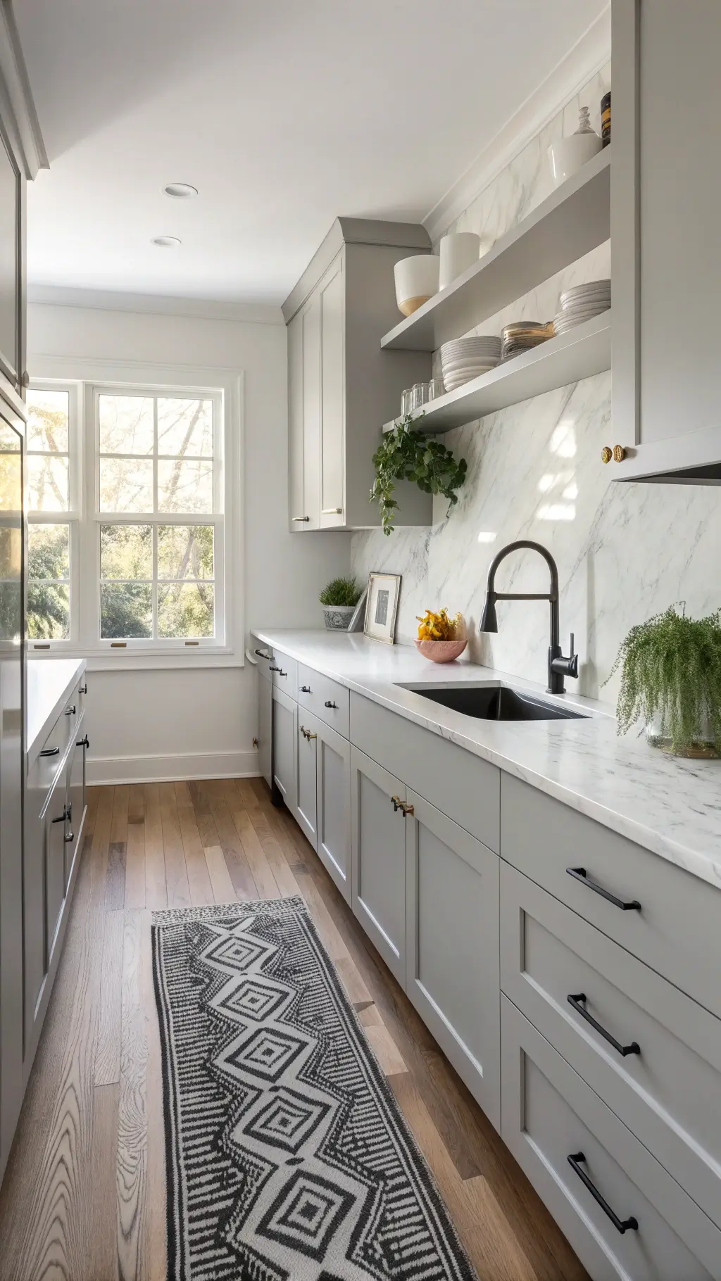 2478galley kitchen morning light gray cabinets
