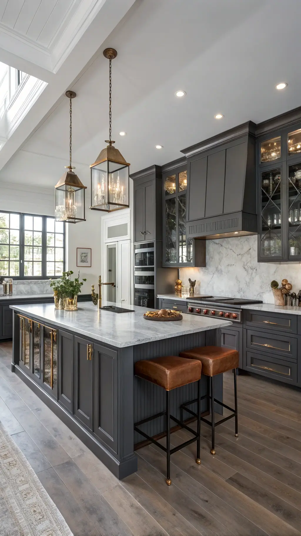 2479charcoal kitchen brass accents waterfall island