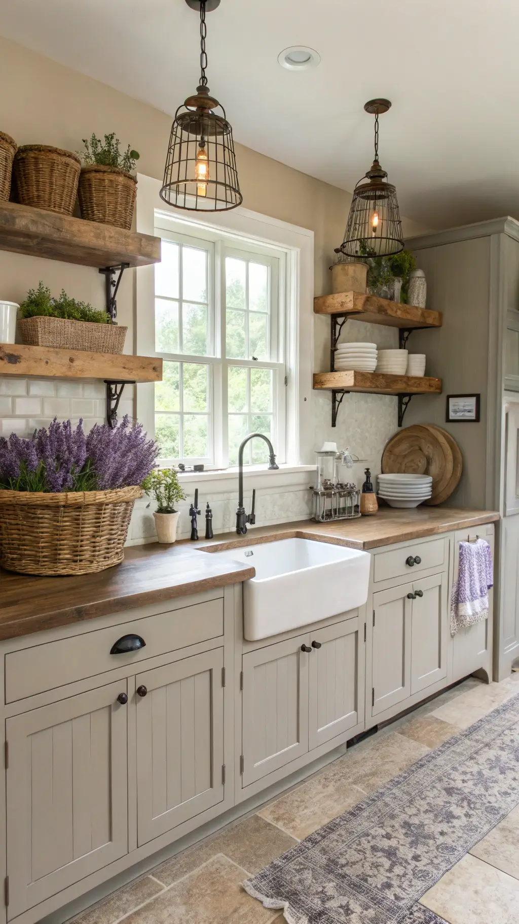 2480farmhouse kitchen greige cabinets butcher block
