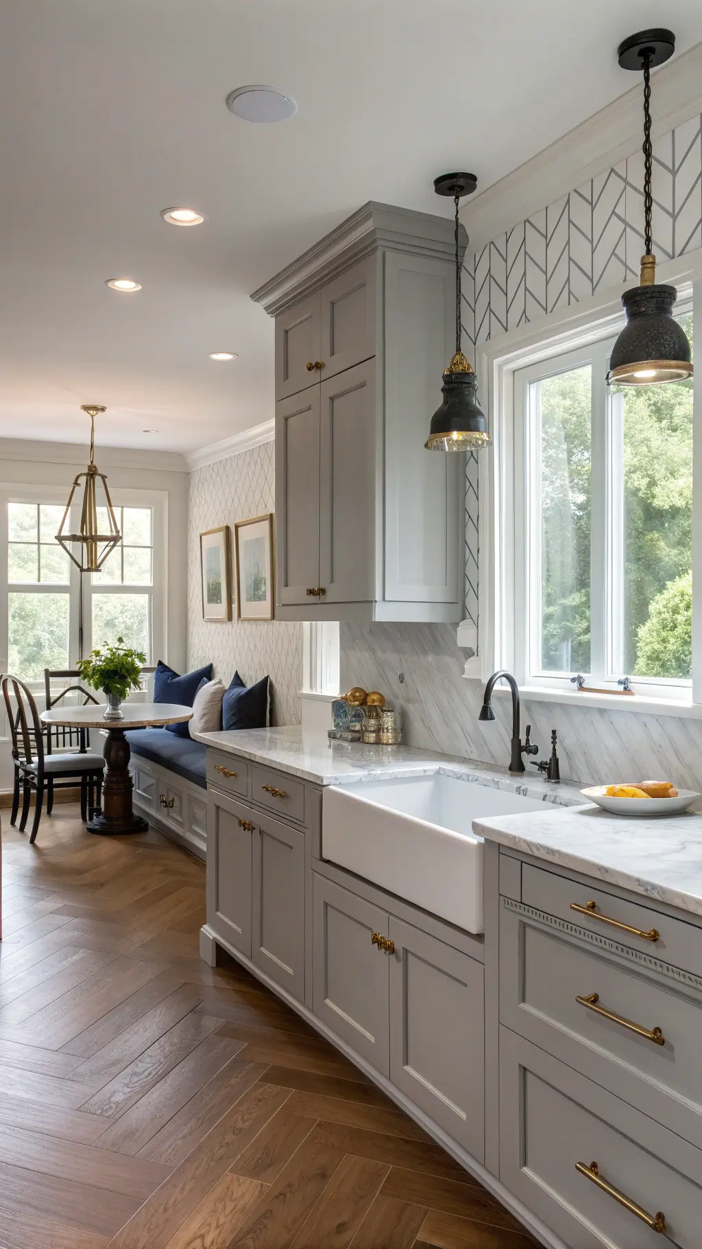 2482transitional kitchen gray cabinets marble mixed metals
