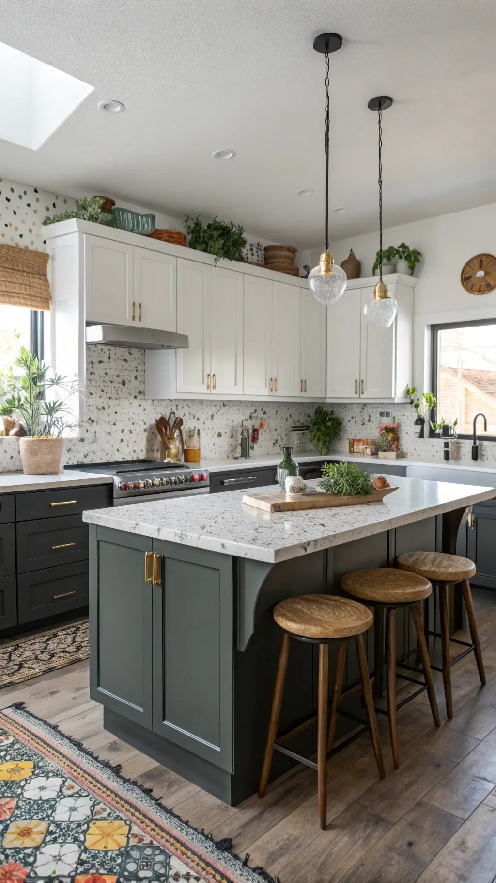 Eclectic kitchen with charcoal lower cabinets, white uppers, terrazzo countertops, sage green tile backsplash, mixed hardware, and live-edge walnut island with vintage stools, adorned with hanging potted plants and warmly illuminated by natural light and Edison bulb pendants.