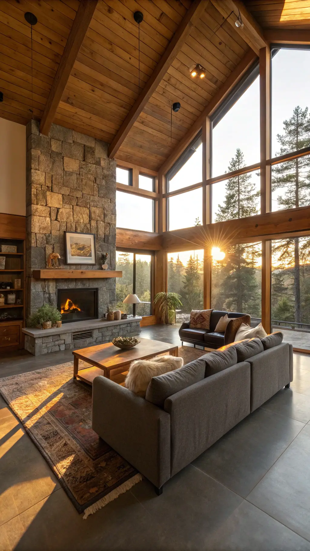 2487modern cabin living room golden hour