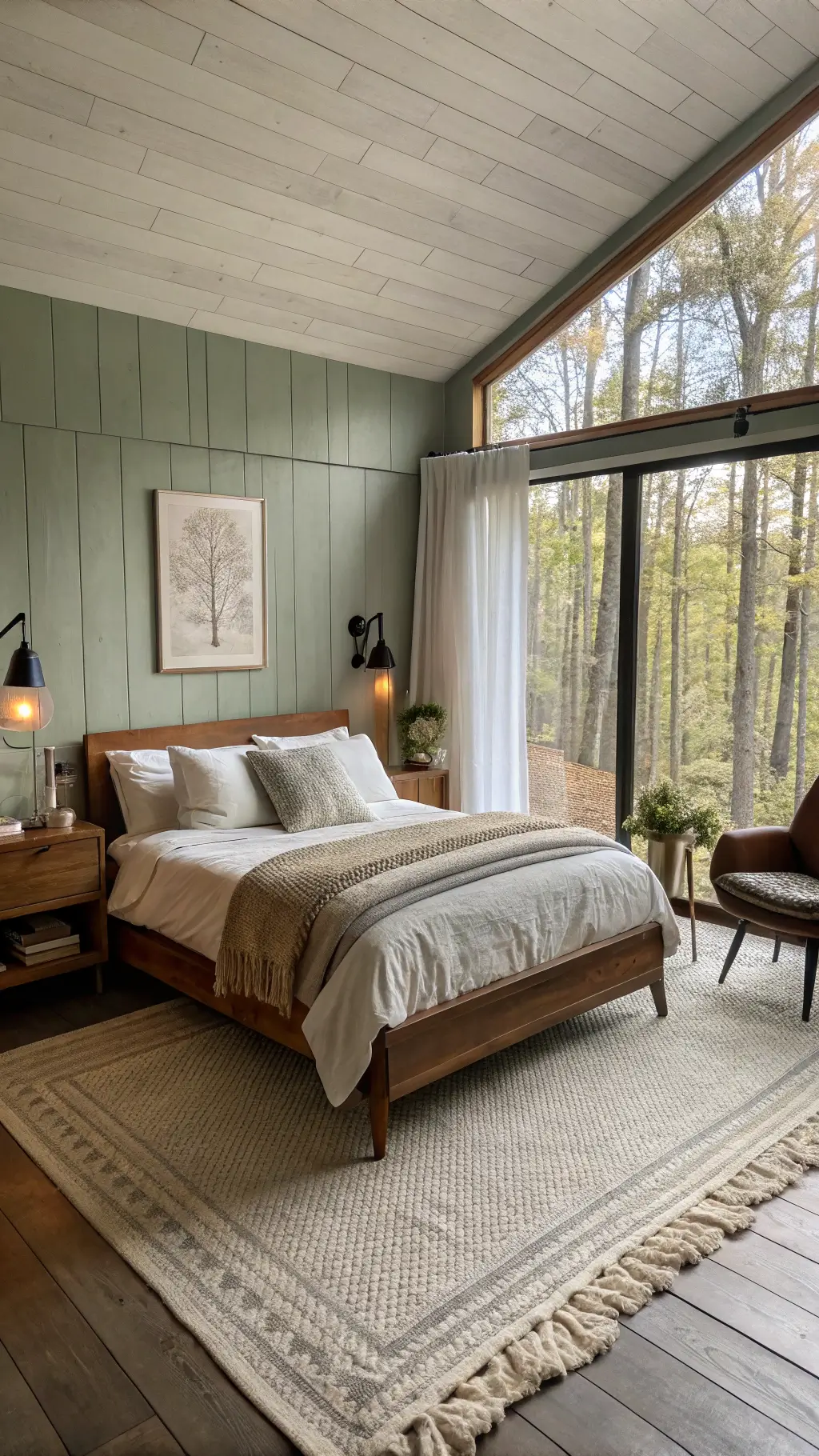 Cozy 15x18 foot cabin bedroom at dawn with platform bed, minimalist ceramic lamps on nightstands, vintage leather chair, and forest view through tall windows.