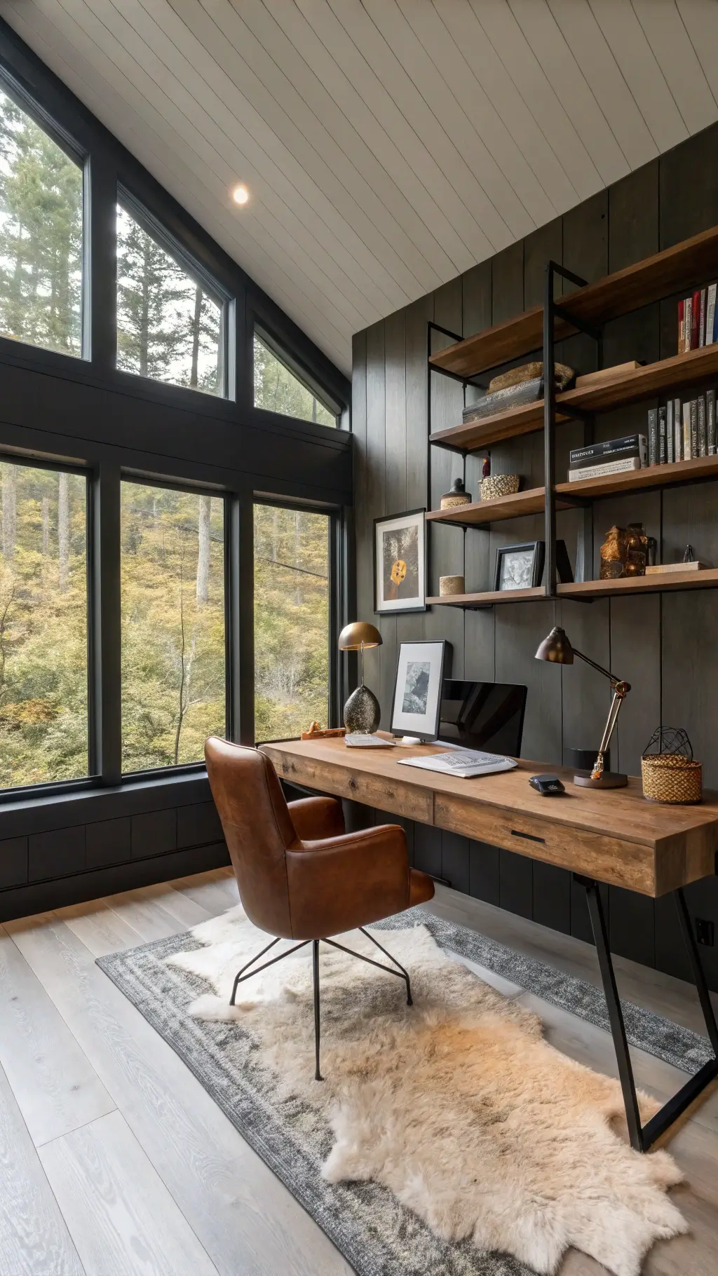 2489modern cabin office walnut desk mountain view