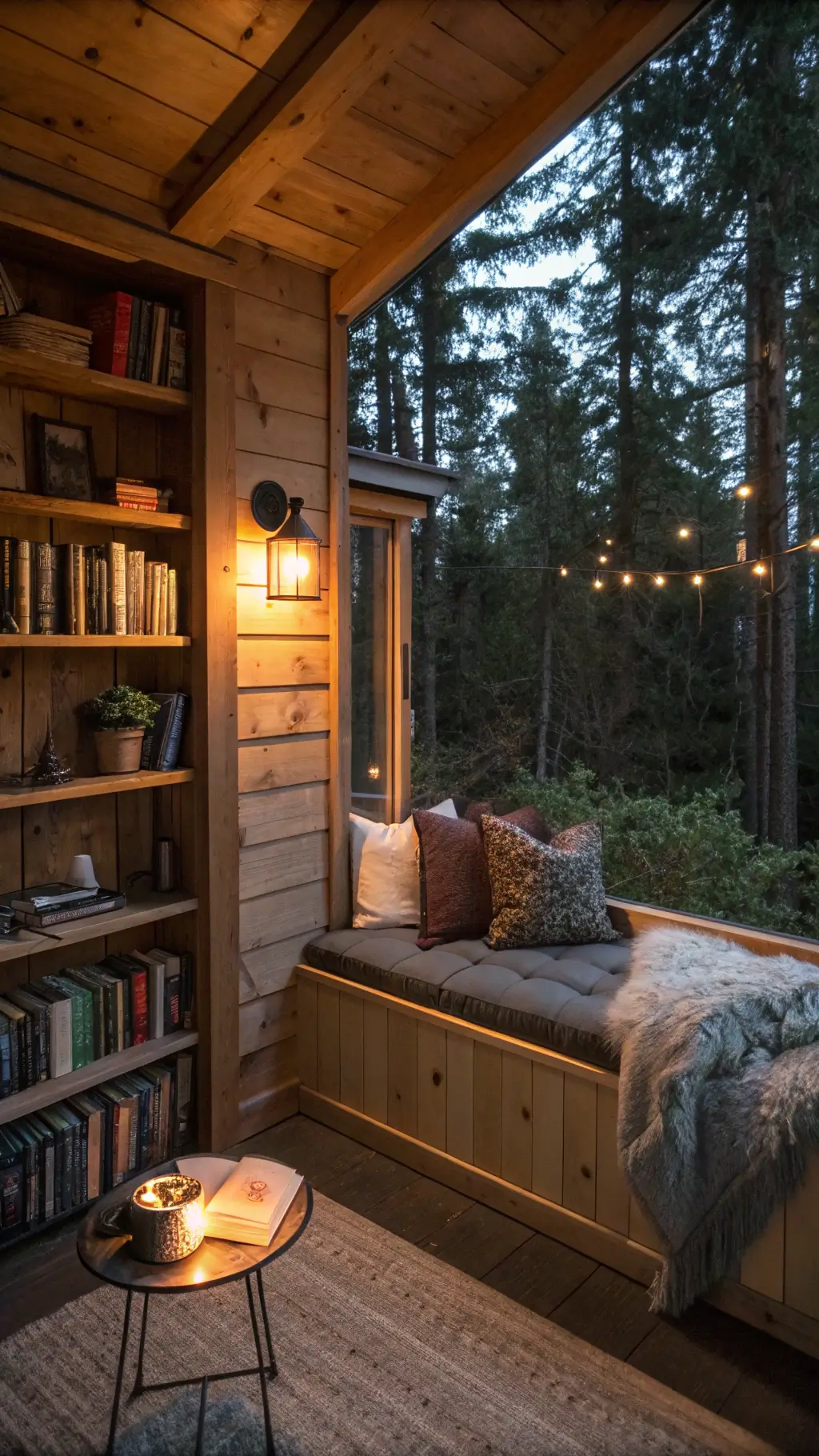 Twilight view of a cozy 10x12 foot cabin reading nook with warm lamplight, a window seat with charcoal linen cushions, floor-to-ceiling pine bookshelves, bronze wall sconce, a side table with tea and vintage books, and Moroccan pouf, shot from the doorway.