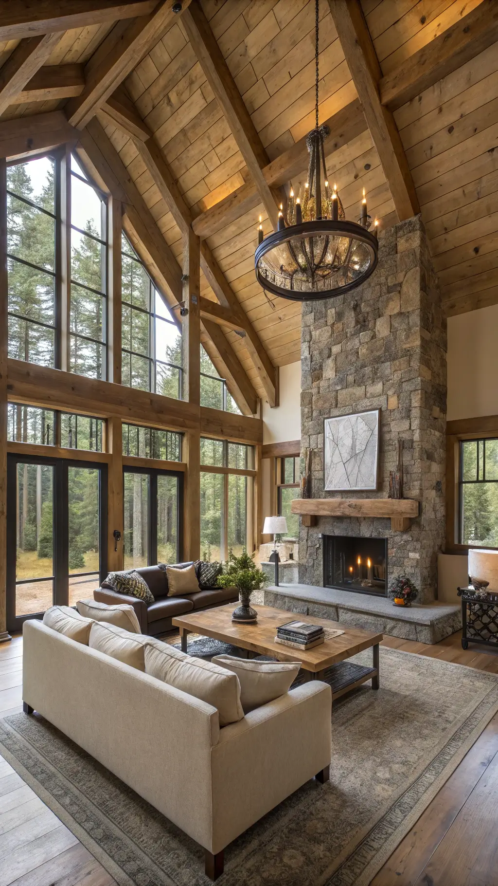 Spacious 25x30 foot cabin great room with high cathedral ceilings, modern oatmeal bouclé sectional facing a large stone fireplace, leather butterfly chairs, oversized elm coffee table with art books, floor-to-ceiling windows with forest views, statement iron and glass chandelier, and geometric rugs, photographed from mezzanine level.