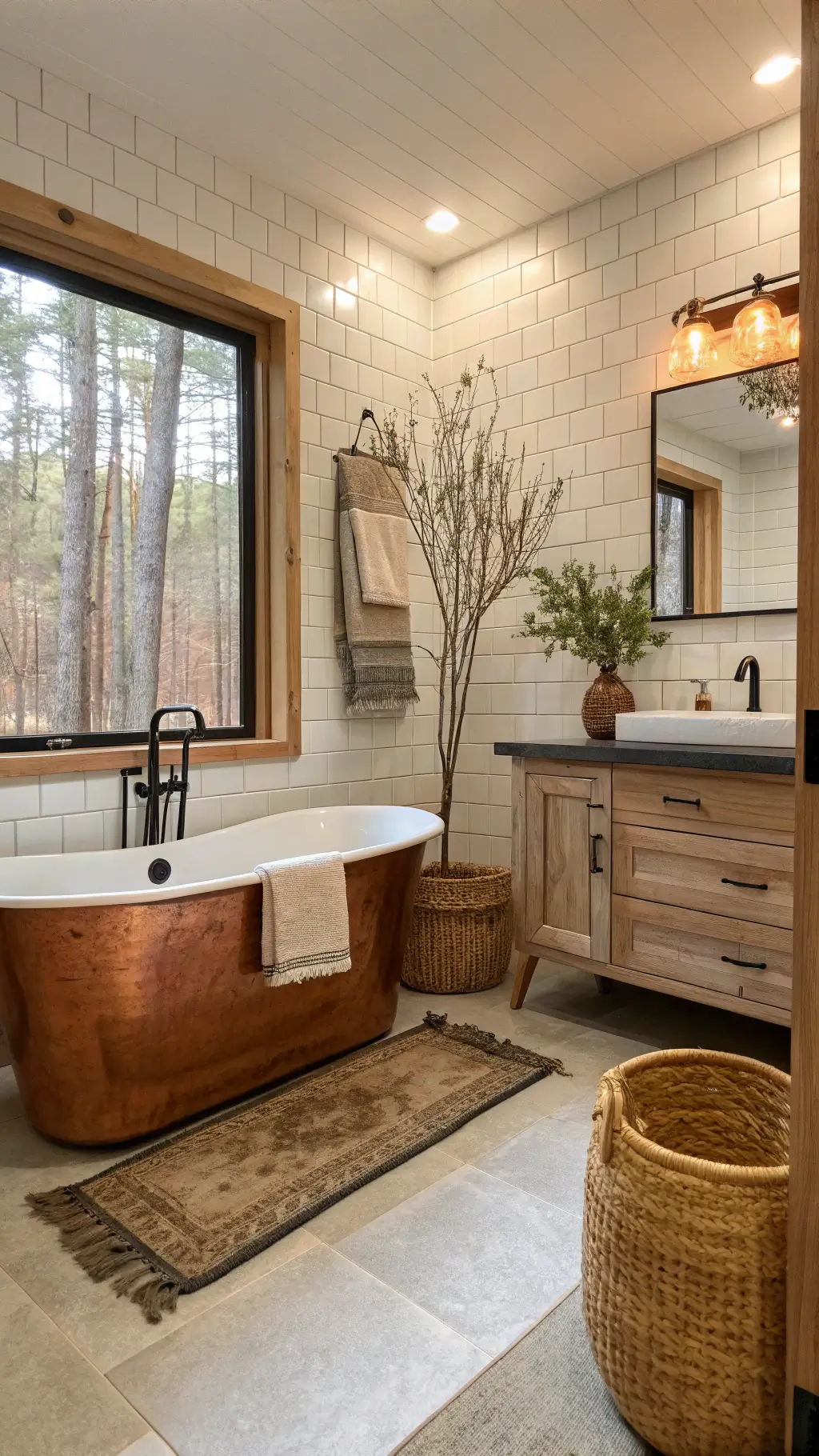 2495cabin bathroom golden hour copper tub forest view