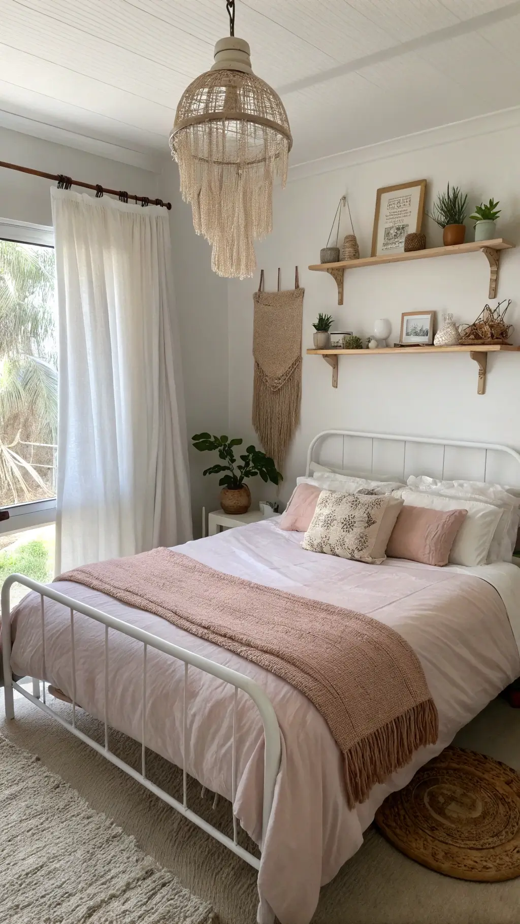 Bohemian styled bedroom bathed in soft morning light, featuring a white metal frame bed adorned with dusty pink and cream bedding, reclaimed wood shelves displaying shells and succulents, and a woven pendant light casting delicate shadows.