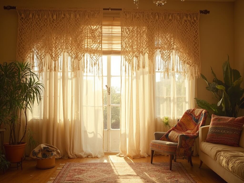 "Sunlit bohemian living room with cream macramé curtains, bamboo shades, and layered textiles on a sunlit background"