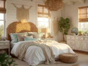 "A bohemian coastal bedroom with a rattan peacock headboard, white linen bedding, textured throw pillows, a vintage dresser with shells, a macramé wall hanging and natural bamboo blinds filtering warm light."