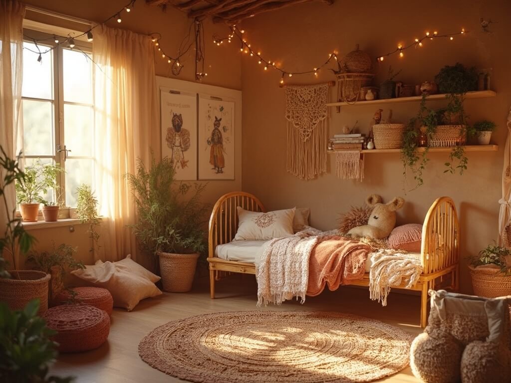 "Boho kids' bedroom with rattan furniture, macrame decor, and layered textures during sunset"