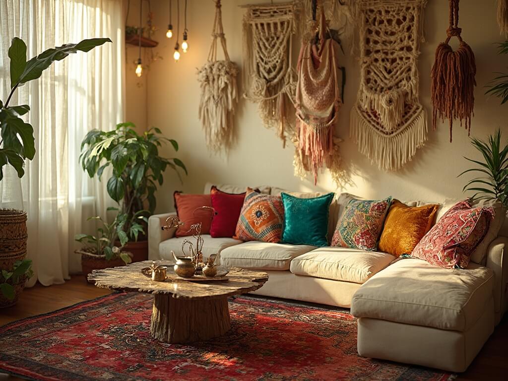"Bohemian style living room filled with vintage Persian rugs, colorful pillows, macramé plant hangers, a wooden coffee table, and ambient lighting, bathed in golden sunlight."