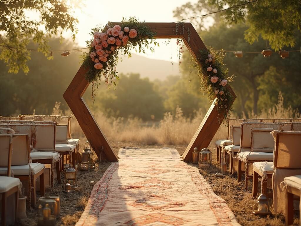 "Boho wedding ceremony during golden hour with a wooden hexagonal arch decorated with roses and pampas grass, vintage Moroccan rugs and wooden benches lining the aisle, brass lanterns, dreamcatchers, and Persian rugs in a natural outdoor setting."