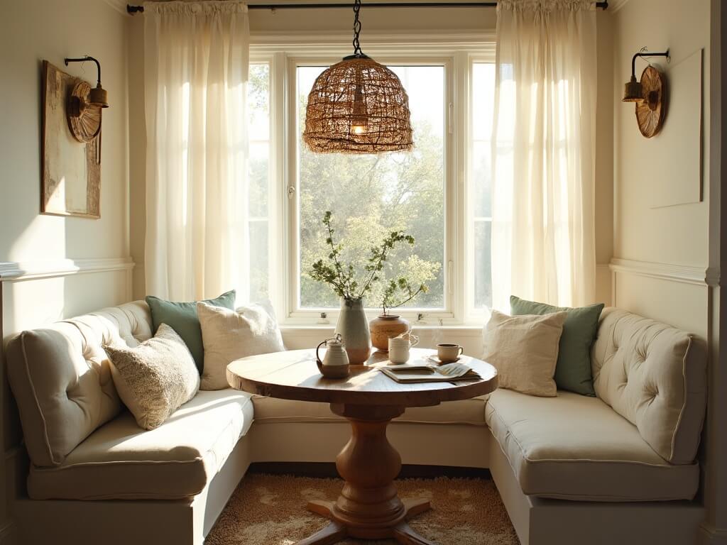 "Cozy breakfast nook with banquette seating, natural light and warm textiles"