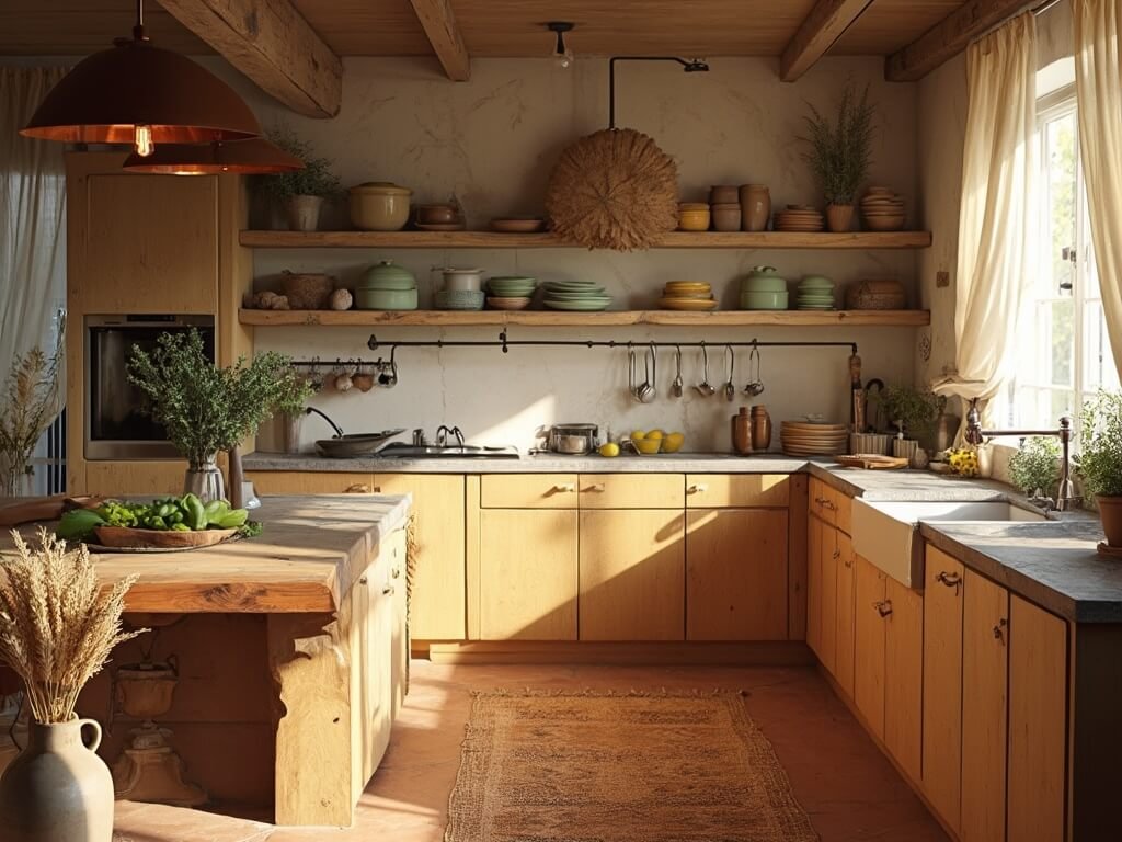 "Sunlit, earthy kitchen featuring reclaimed oak cabinets, granite countertops, a live-edge walnut island, with copper accents and fresh herbs."