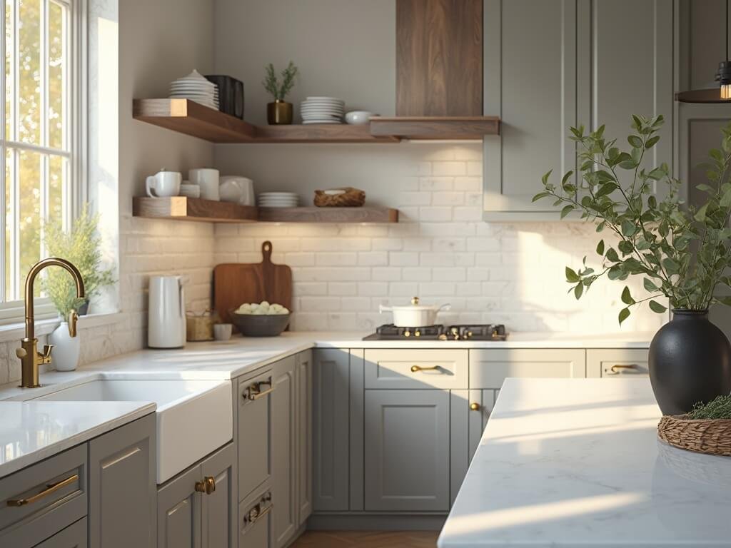 "Grey shaker-style kitchen cabinets with white marble countertops, brass hardware, and walnut accents in warm, natural lighting"