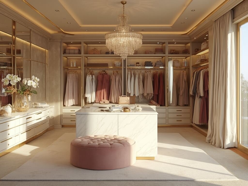 "Luxury walk-in closet with marble island, velvet ottoman, and crystal chandelier, filled with color-gradient wardrobe, designer handbags and jewelry display, under warm golden hour sunlight"