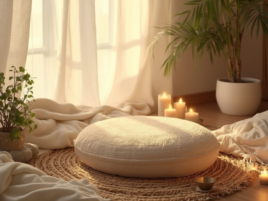 "Meditation corner bathed in golden light featuring a plush zafu cushion, flameless candles, pothos plant and river stones creating calming atmosphere, shot from a 45-degree angle"