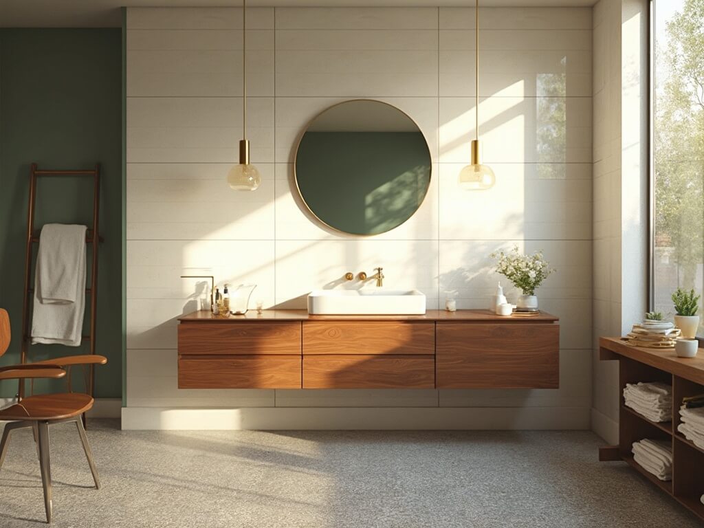 "Mid-century modern bathroom with walnut vanity, brass fixtures, terrazzo flooring, and sage green accent wall"