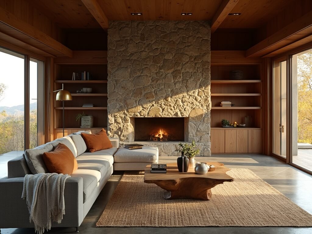 "Modern cabin living room with stone fireplace, wooden ceiling beams, low-profile sofa with leather pillows, and live-edge oak coffee table in warm golden sunlight."