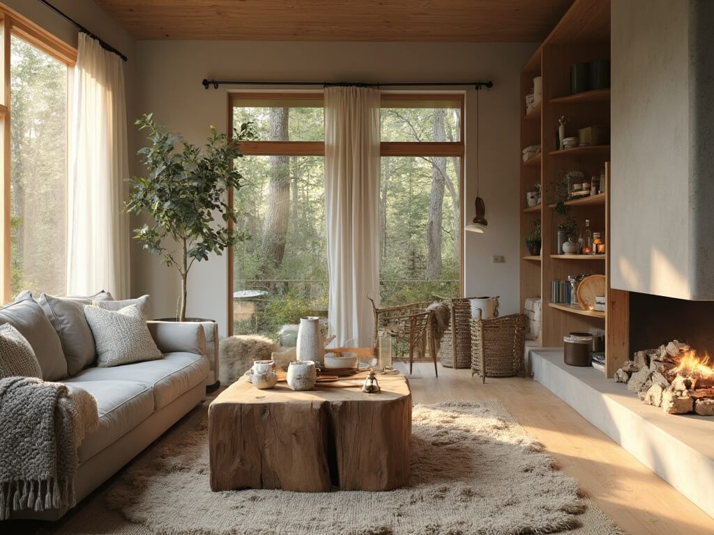 "Modern small cabin interior with dove gray linen sofa, live-edge walnut coffee table, concrete fireplace with birch logs, sheer linen curtains on floor-to-ceiling windows, and built-in pine shelving, in a palette of warm whites, soft grays, and natural wood tones."