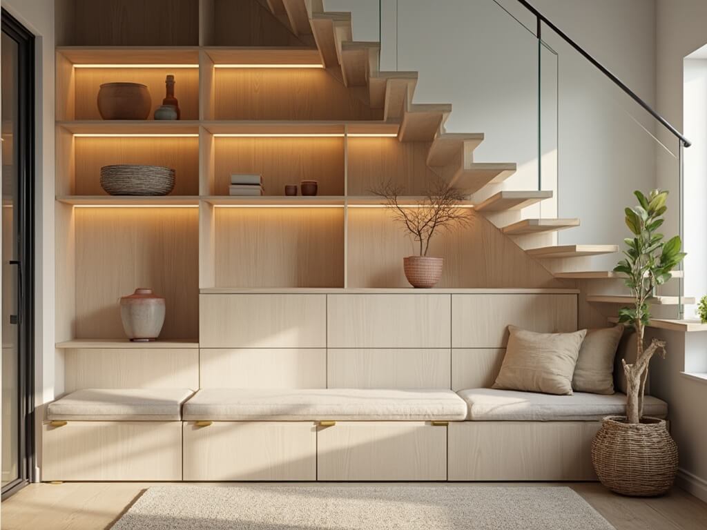 "Modern under-stair storage with white oak cabinetry, ceramic vessels, and LED lighting in a minimalist design"