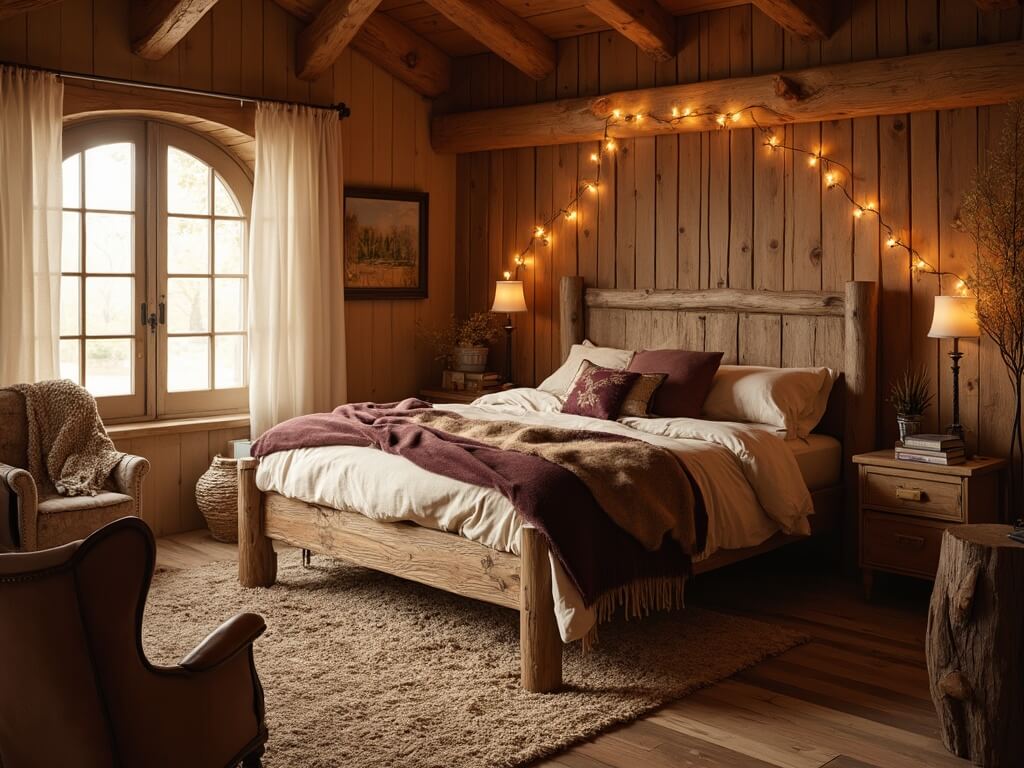 "Rustic cabin bedroom with reclaimed log bed, warm lighting, and layered textiles on a clean background"