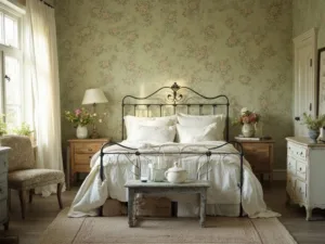 "Cottage bedroom with vintage sage green floral wallpaper, wrought iron bed with white linens, and French provincial furniture basking in soft morning light"