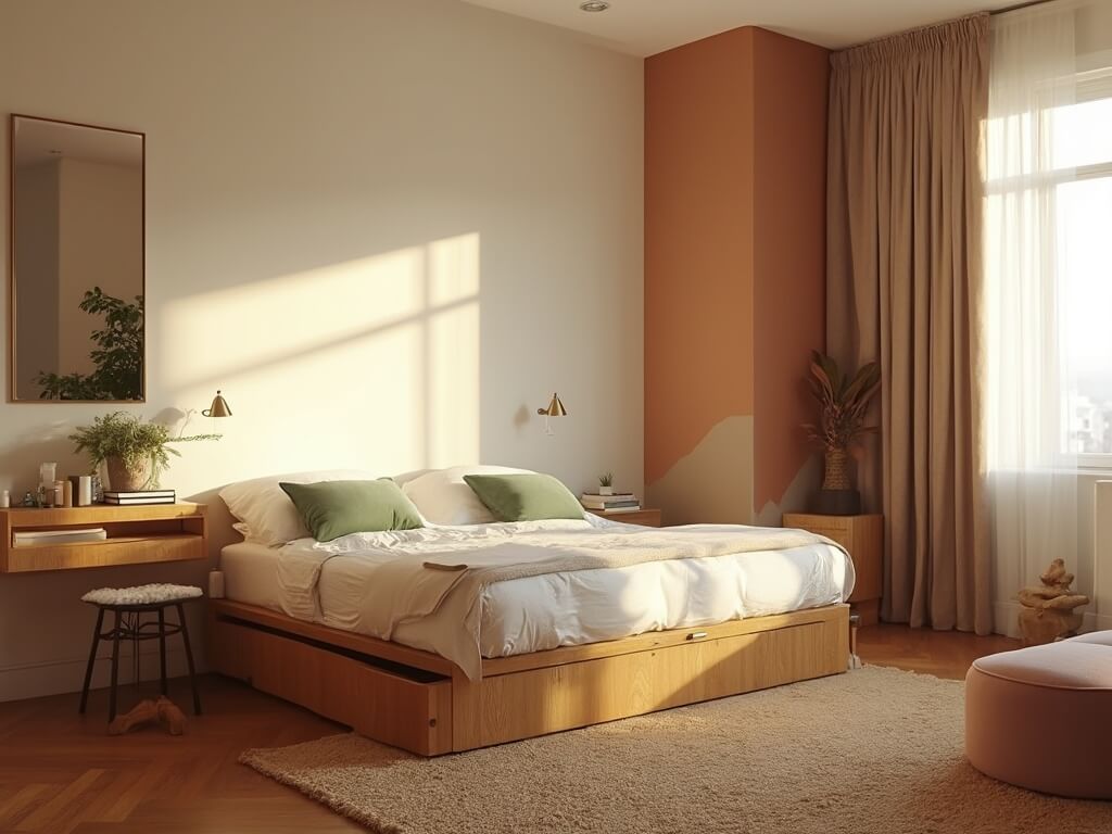 "Small bedroom transformation featuring multifunctional furniture, earth-toned palette, and space-maximizing techniques"