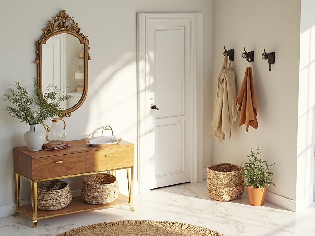 "Stylish small entryway setup with walnut console table, gold-framed mirror, jute baskets, ceramic tray with keys, fresh eucalyptus, books, succulent, and a section of a Persian rug, organized neatly on white marble during golden hour"