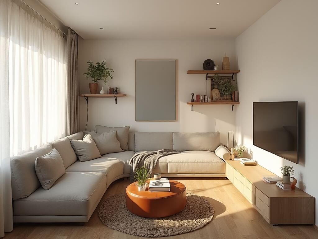 "Small, stylish living room with multifunctional furniture, strategic lighting, and natural color palette, shot from an elevated angle during golden hour"