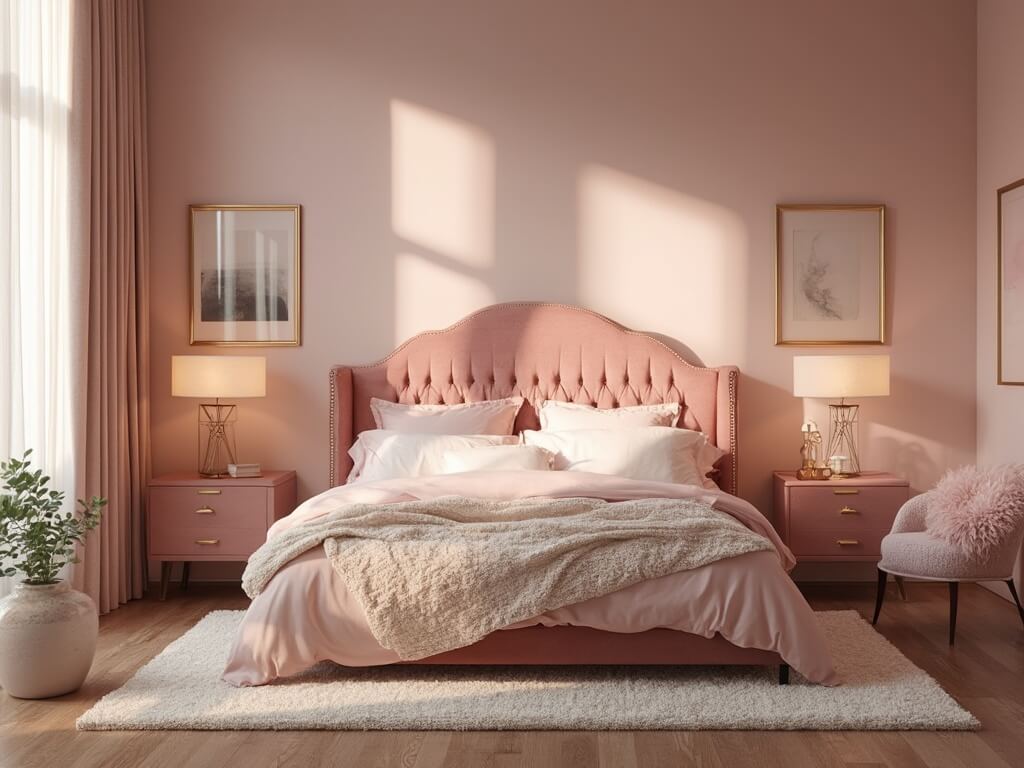 "Luxurious pink bedroom with velvet headboard, brass accents, layered textures and warm lighting"