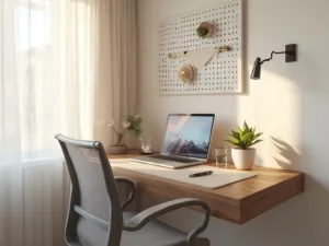"Stylish tiny home office with walnut floating desk, ergonomic chair, wall-mounted storage and subtle cable management system, illuminated by warm morning light."