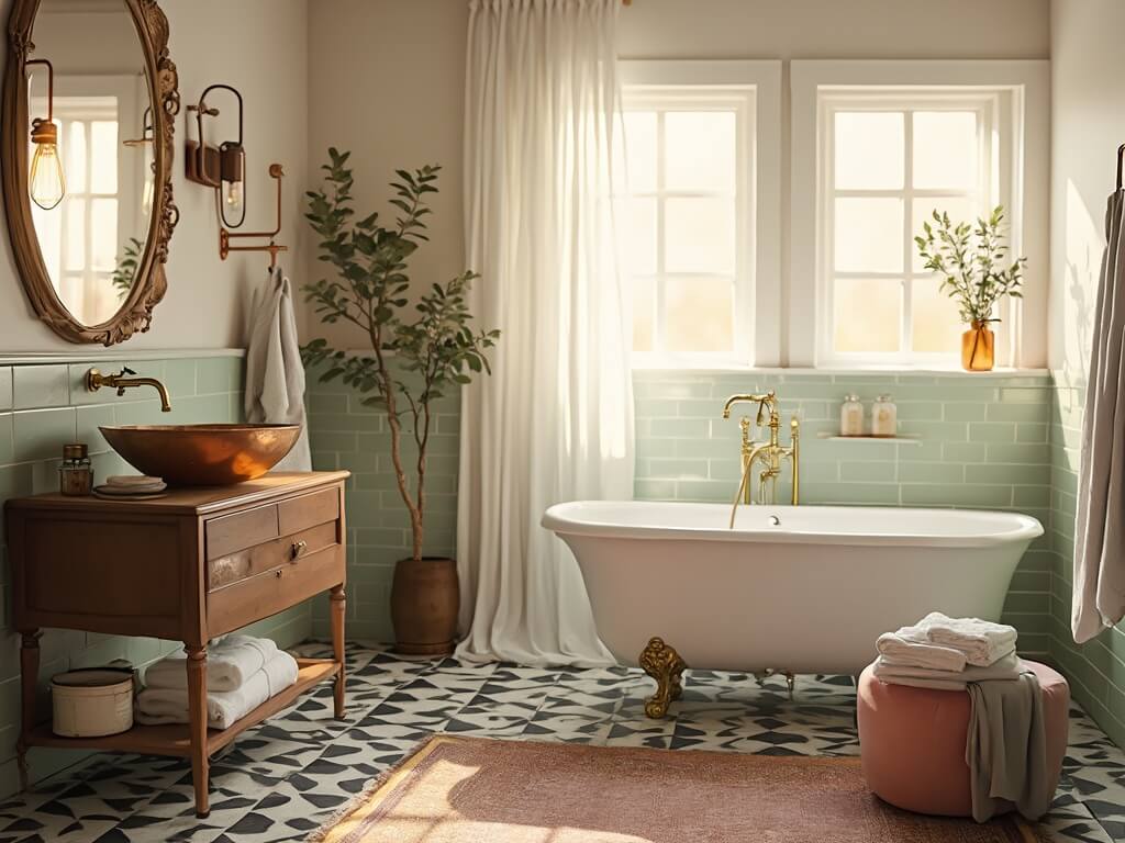 "Vintage modern bathroom with clawfoot tub, brass fixtures, and herringbone tiles during golden hour"