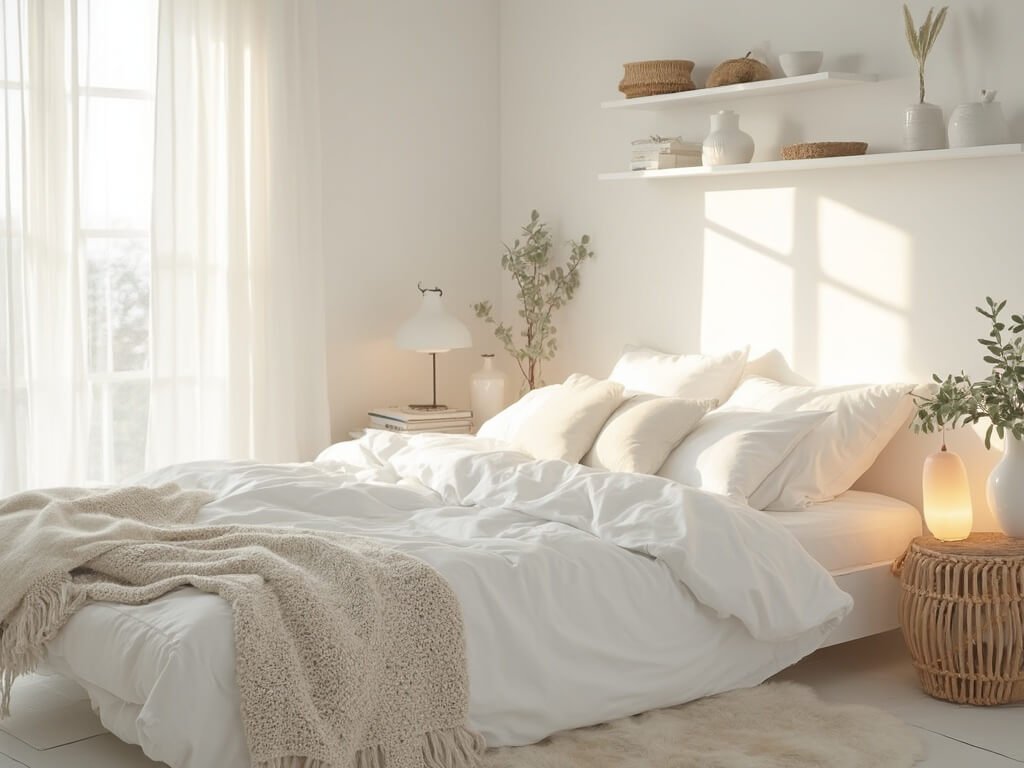 "Luminous white bedroom sanctuary with layered textures and accents during morning golden hour"