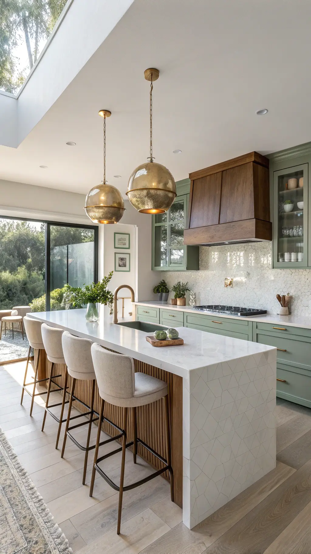 2526contemporary sage kitchen golden hour curved island