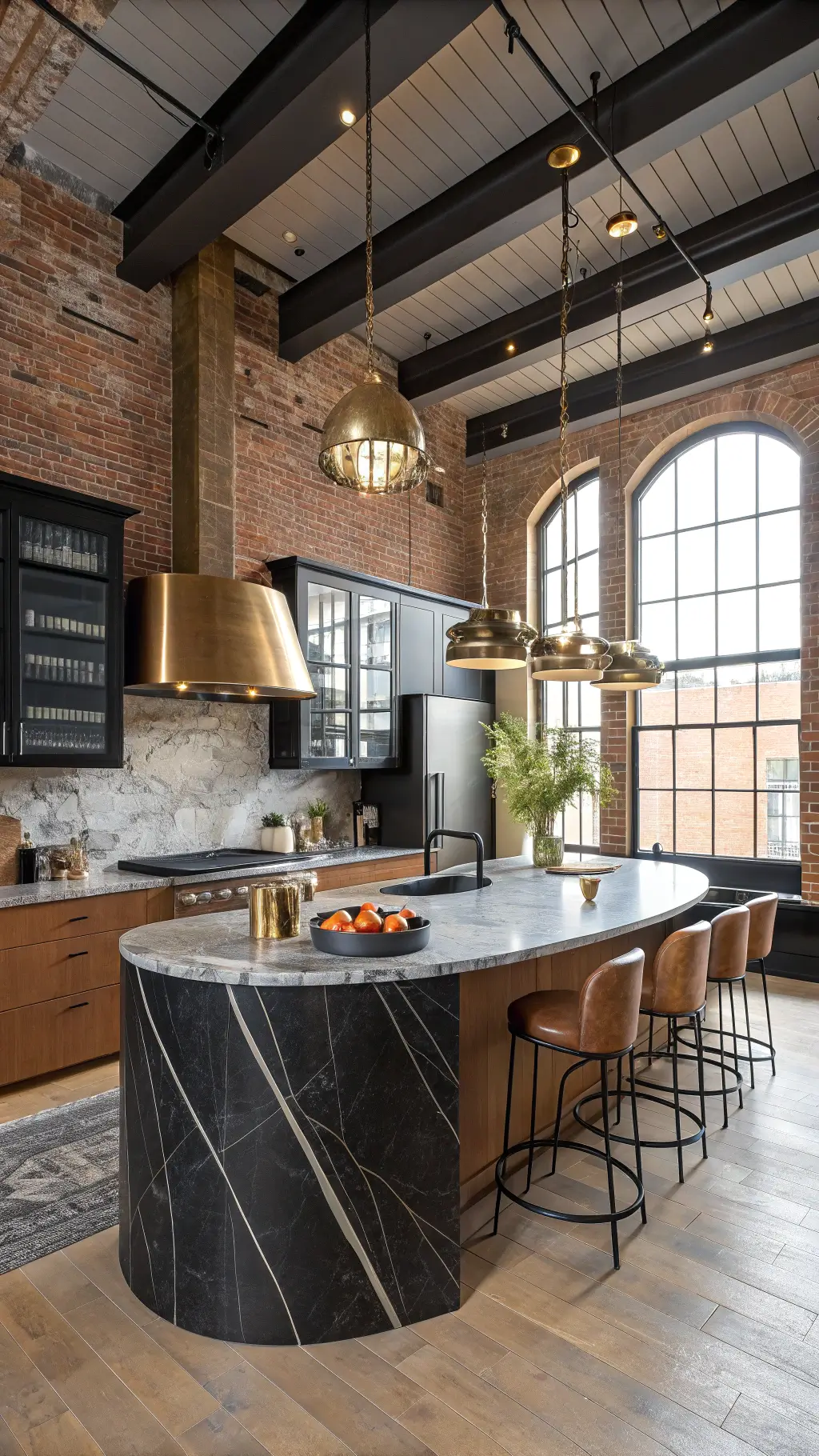2531industrial kitchen curved marble island brass pendants