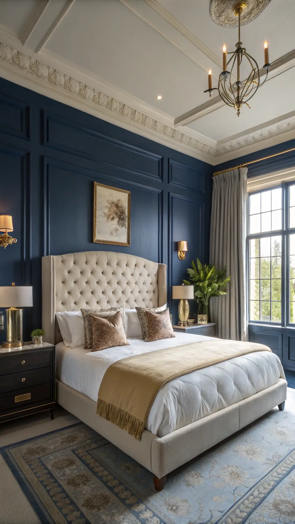 2544luxe navy blue hotel bedroom brass accents