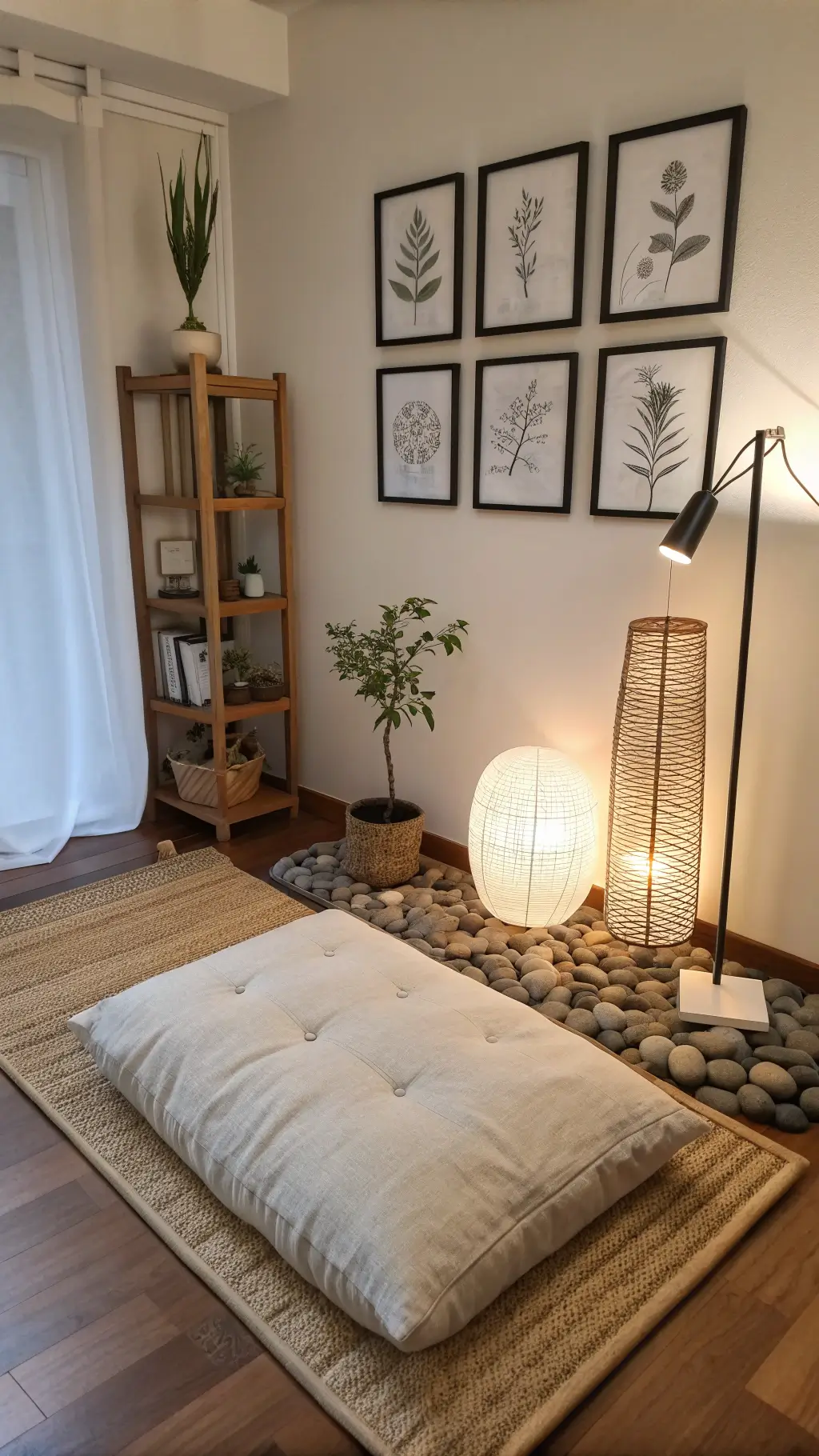Zen bedroom corner during blue hour, showcasing minimalism with meditation cushion, low wooden shelf with river stones and bonsai, gallery wall, and paper lantern floor lamp